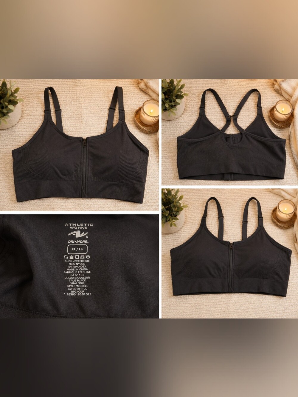 Athletic Works Dri-More Women’s Front Zip Sports Bra Black XL – NWT